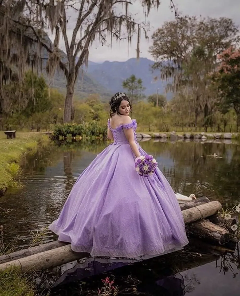 Off the Shoulder Sequin 3D Floral Quinceanera Dresses
