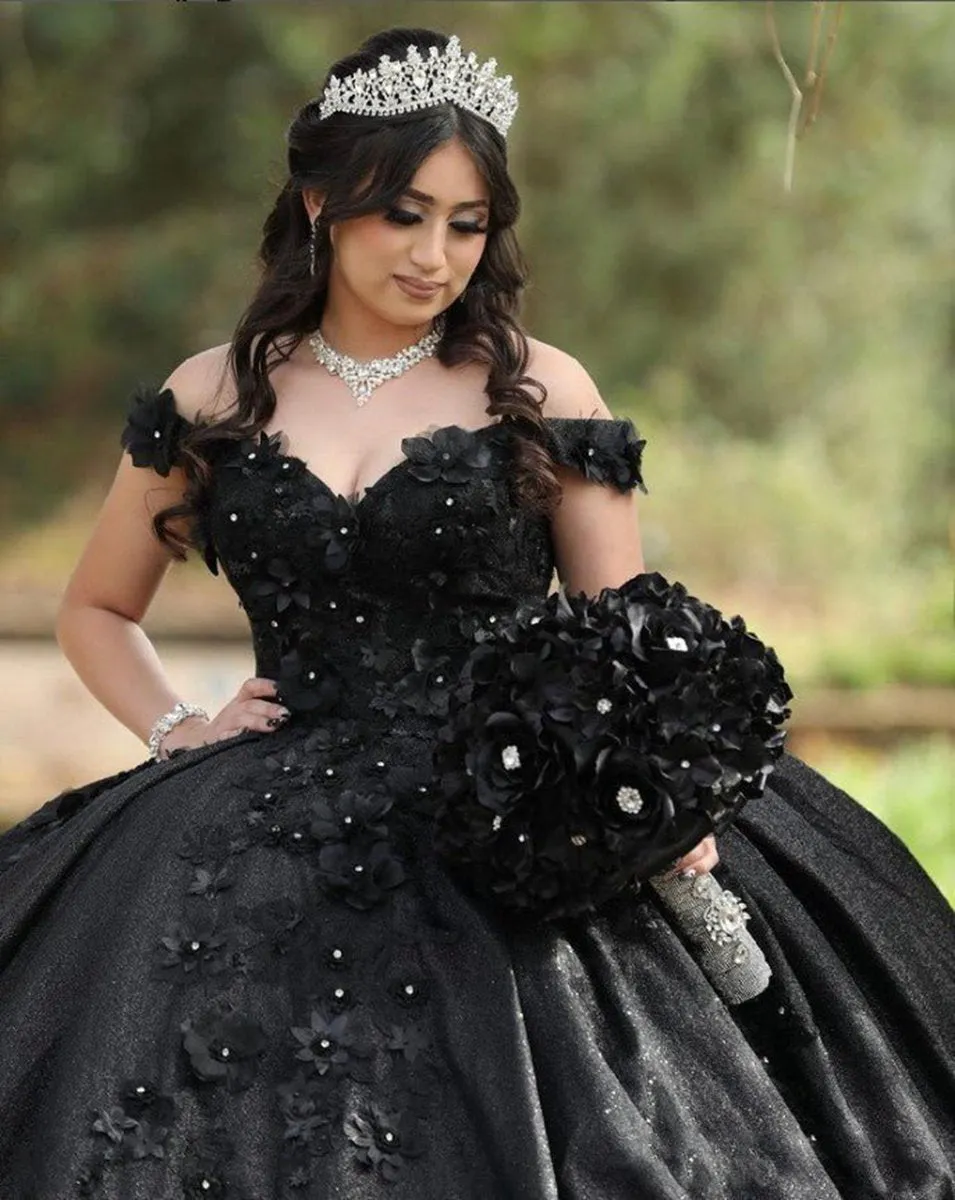 Off the Shoulder Sequin 3D Floral Quinceanera Dresses