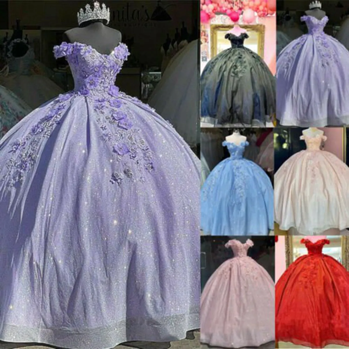 Off the Shoulder Sequin 3D Floral Quinceanera Dresses