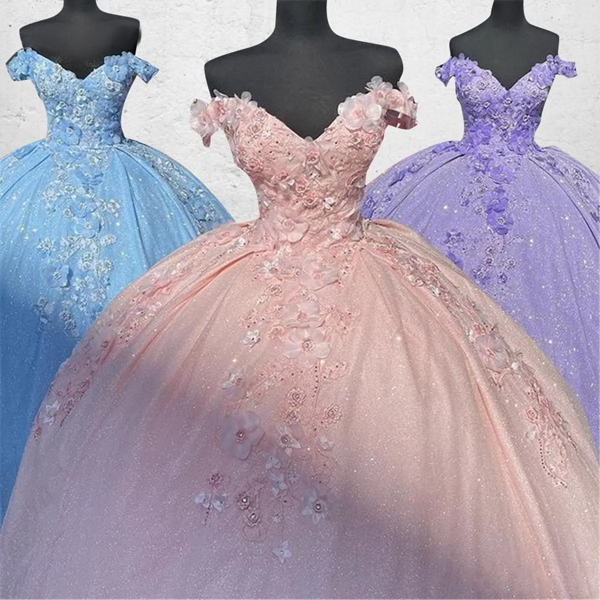 Off the Shoulder Sequin 3D Floral Quinceanera Dresses