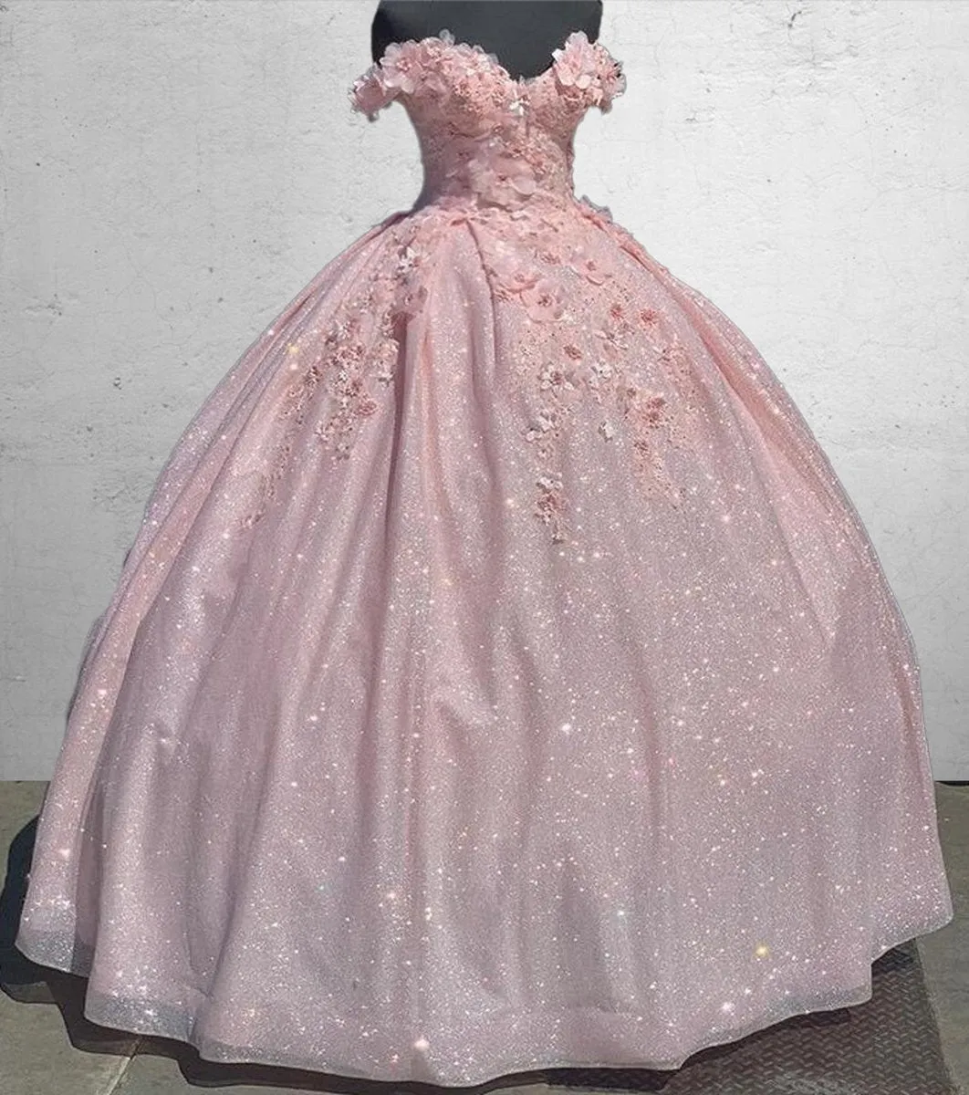 Off the Shoulder Sequin 3D Floral Quinceanera Dresses