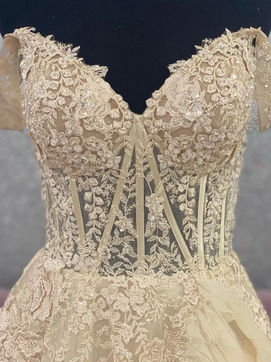 Off the Shoulder Tulle Prom Dresses with Appliques