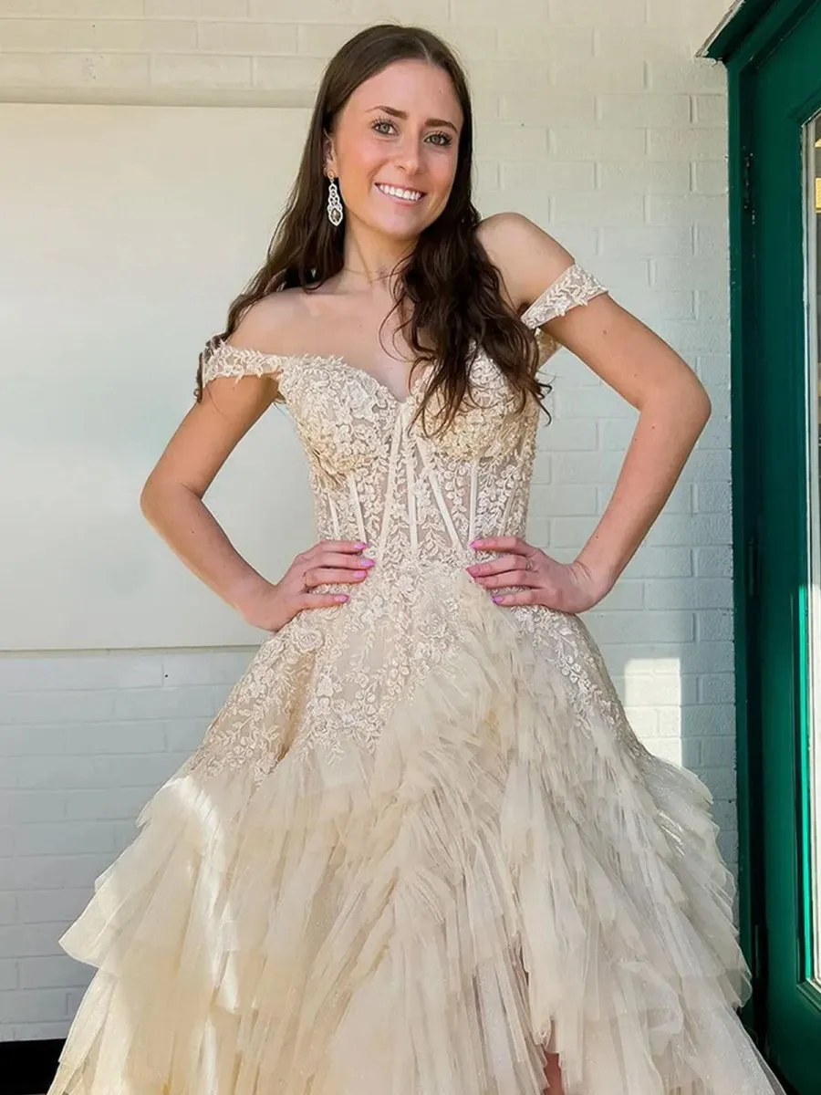 Off the Shoulder Tulle Prom Dresses with Appliques