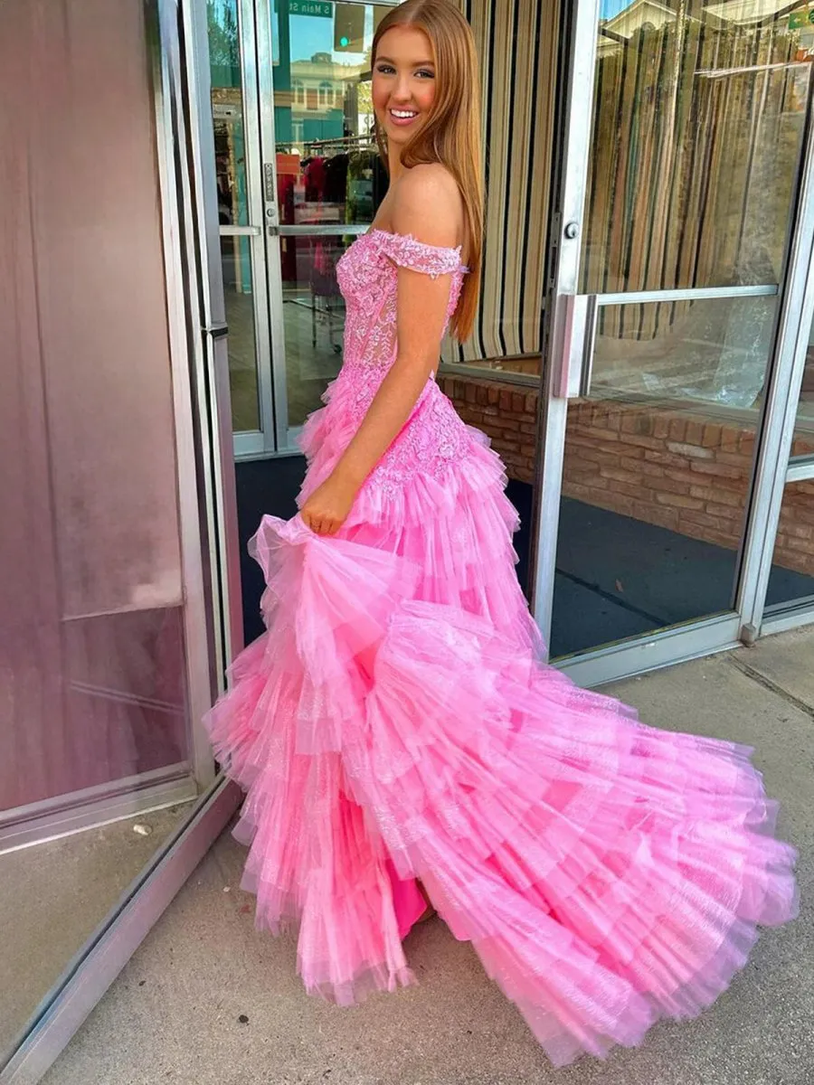 Off the Shoulder Tulle Prom Dresses with Appliques
