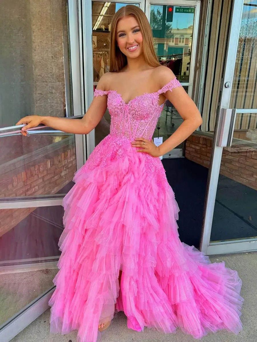 Off the Shoulder Tulle Prom Dresses with Appliques