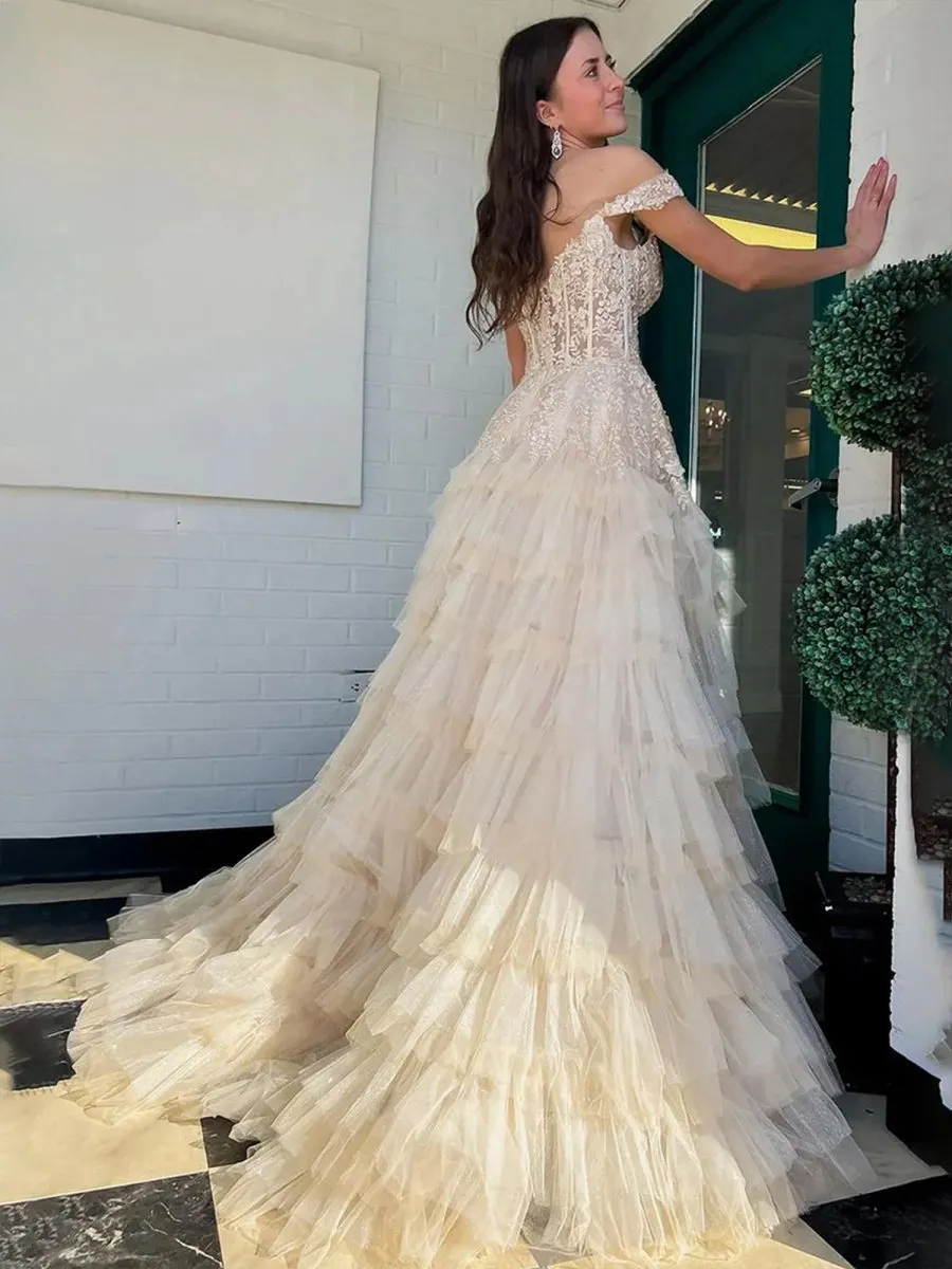 Off the Shoulder Tulle Prom Dresses with Appliques