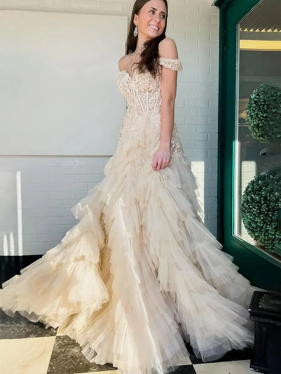 Off the Shoulder Tulle Prom Dresses with Appliques