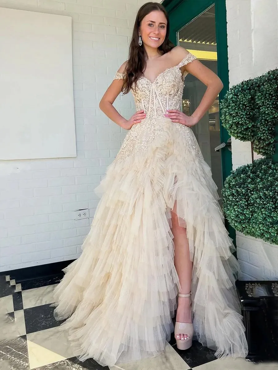 Off the Shoulder Tulle Prom Dresses with Appliques