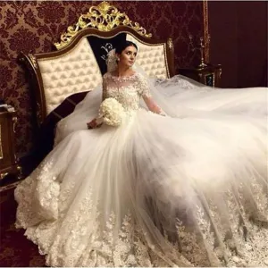 off white lace applique wedding dresses ball gown long sleeve elegant princess cheap bridal dresses