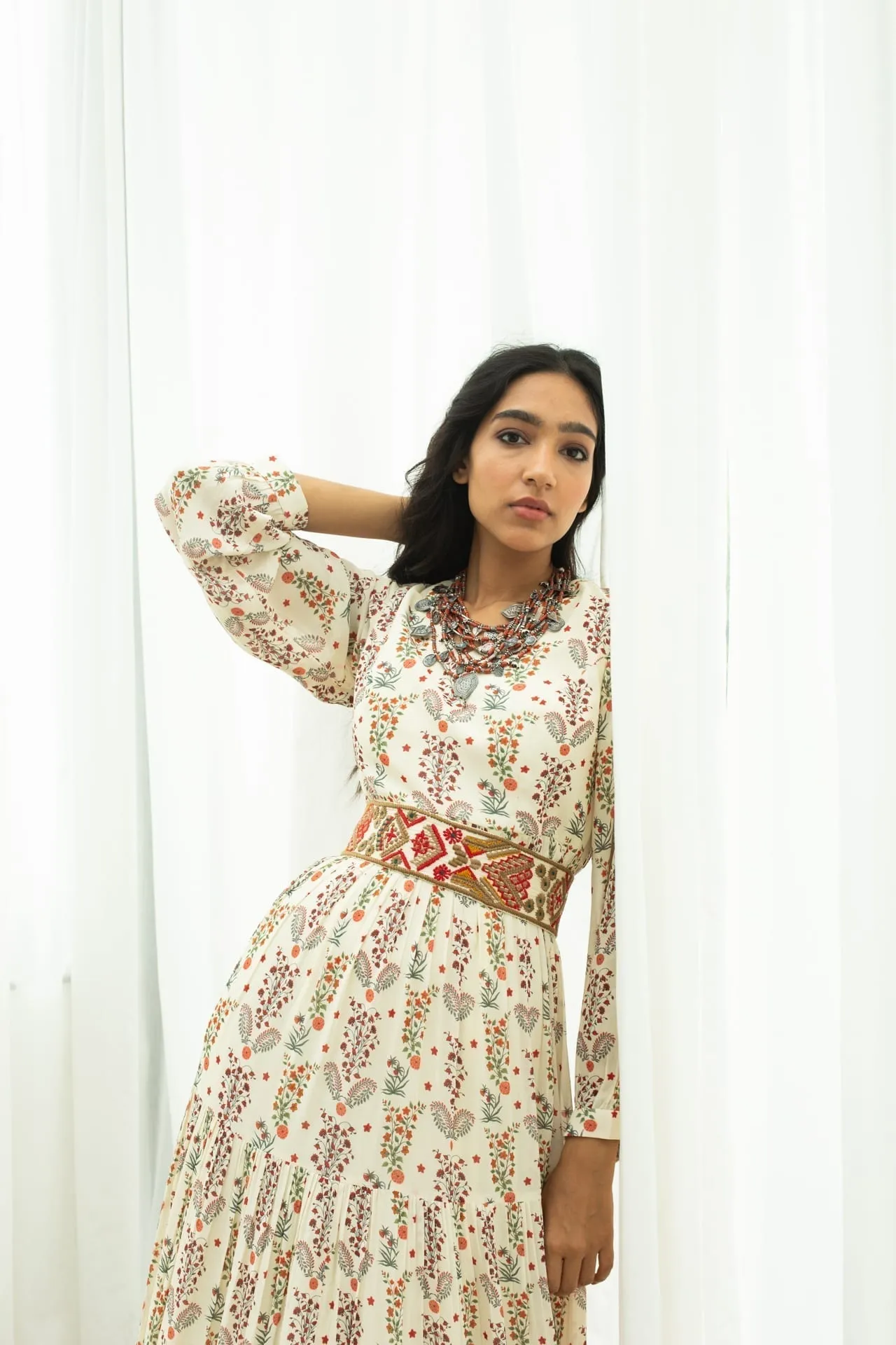 Off White Printed Maxi & Hand Embroidered Belt