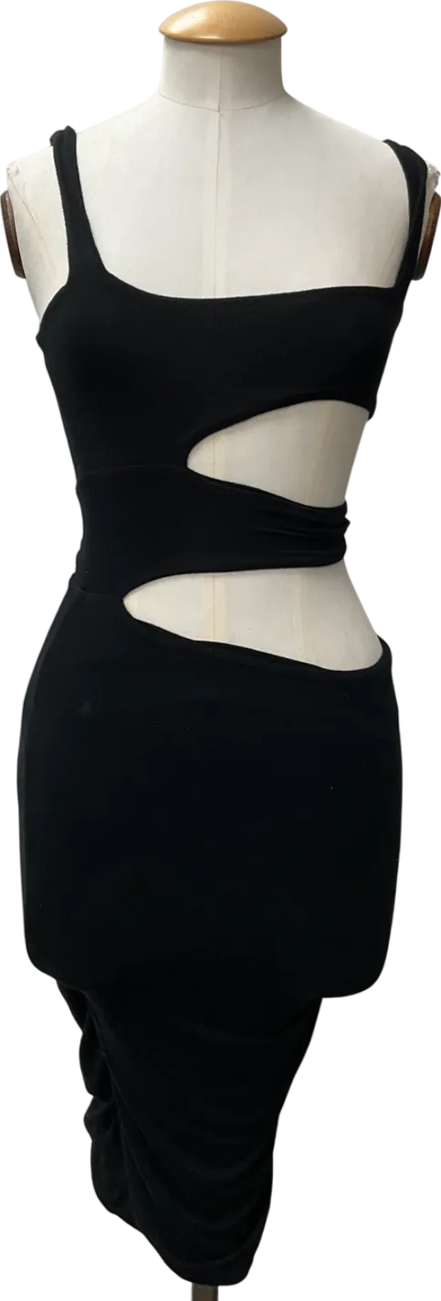 Oh Polly Black Slinky Jersey Ruched Cut Out Mini Dress UK 8