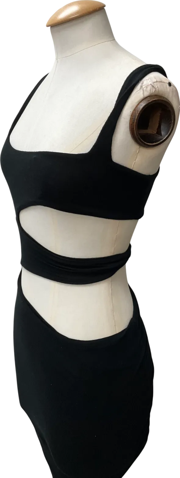 Oh Polly Black Slinky Jersey Ruched Cut Out Mini Dress UK 8