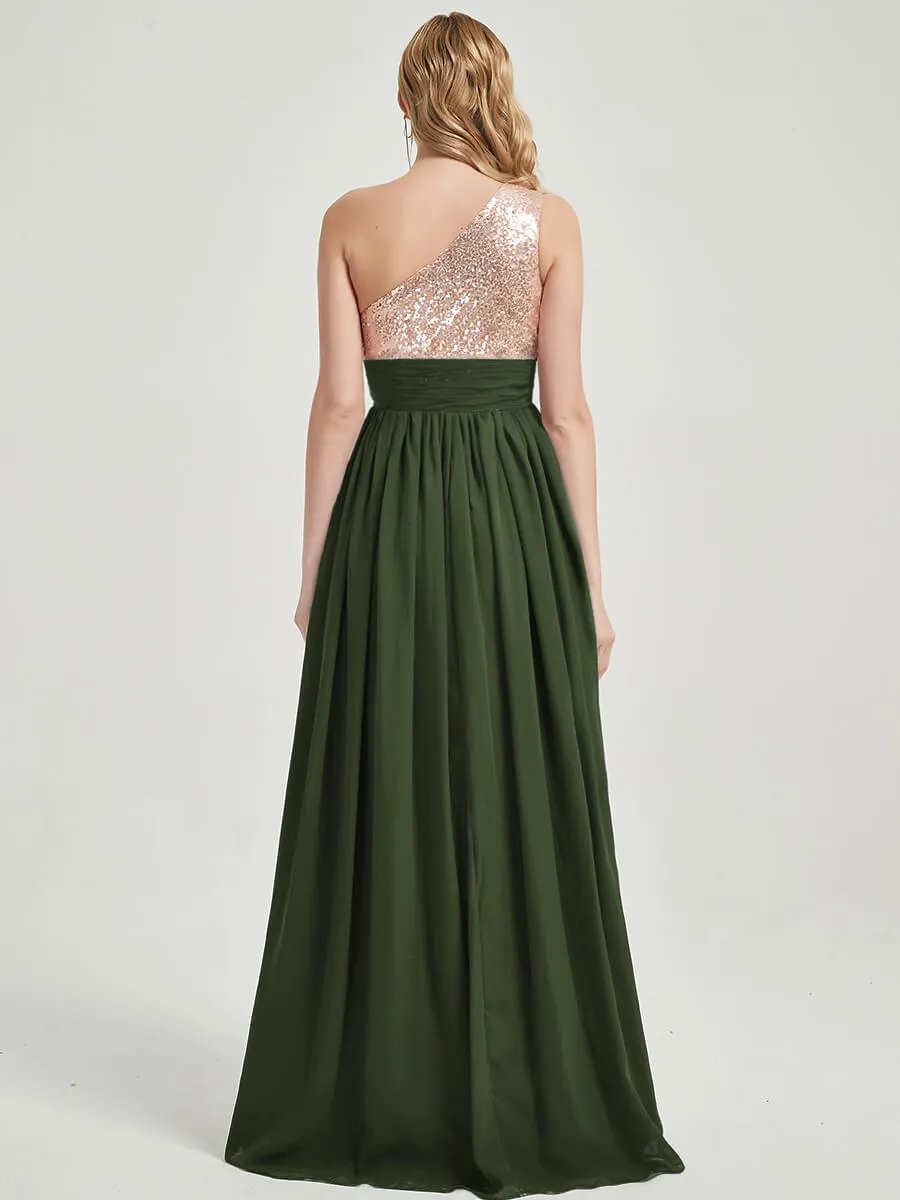 Olive Green One-Shoulder Sequin Chiffon Maxi Bridesmaid Dress for Party