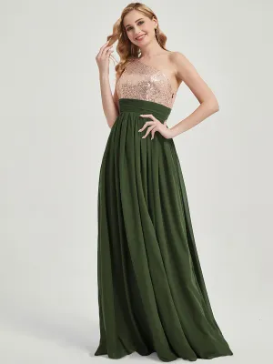 Olive Green One-Shoulder Sequin Chiffon Maxi Bridesmaid Dress for Party