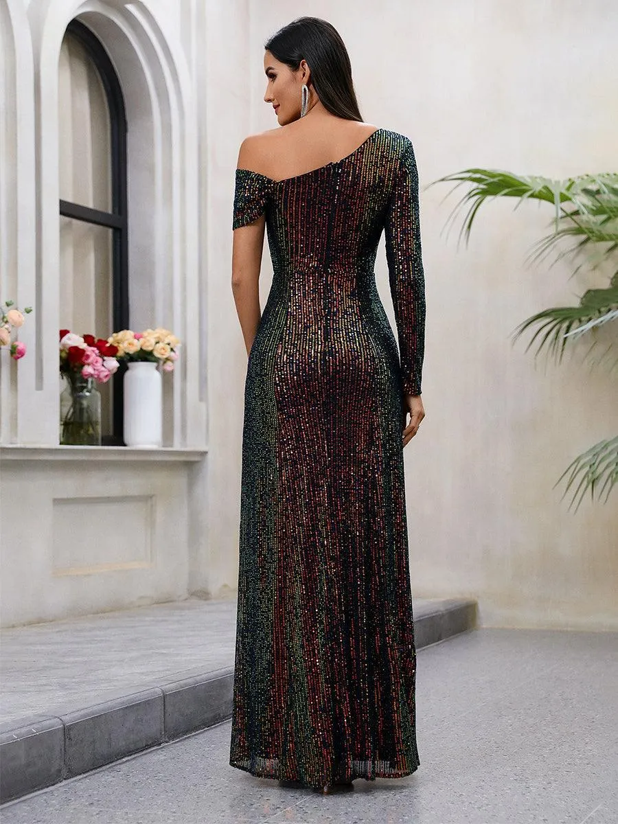 One Shoulder Glitter Ruched Prom Dress MCW1008