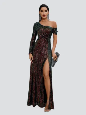 One Shoulder Glitter Ruched Prom Dress MCW1008