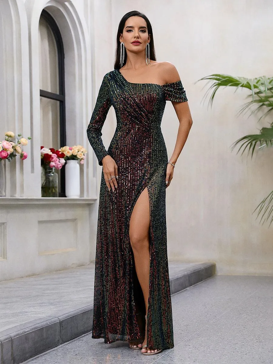 One Shoulder Glitter Ruched Prom Dress MCW1008