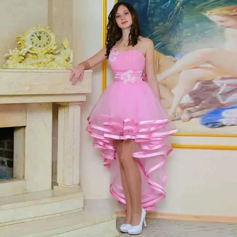 One Shoulder High Low Tulle Homecoming Dress Vintage Above Knee Mini Cocktail Dresses Bow Lace Prom Gowns vestidos