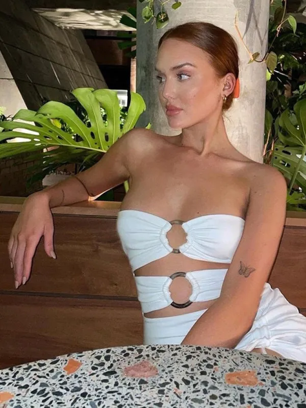 One-Shoulder High-Slit Maxi Dress with Hollow-Out and Ruched Design