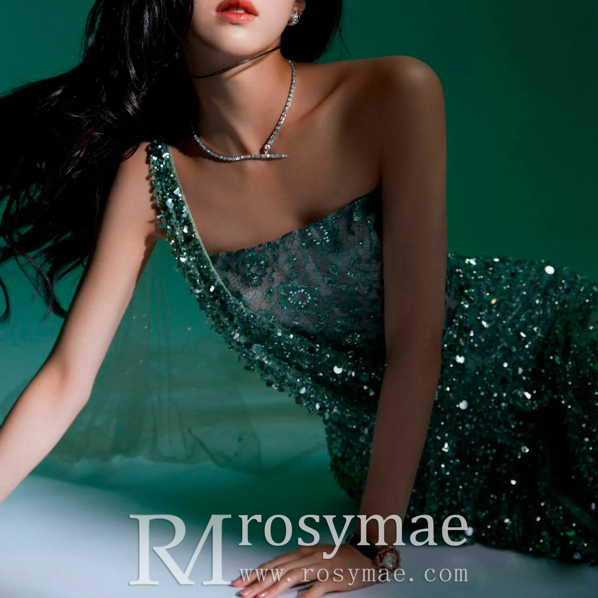 One Shoulder Hunter Green Sparkly Party Gown Evening Dress