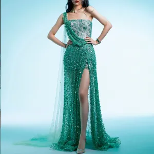One Shoulder Hunter Green Sparkly Party Gown Evening Dress