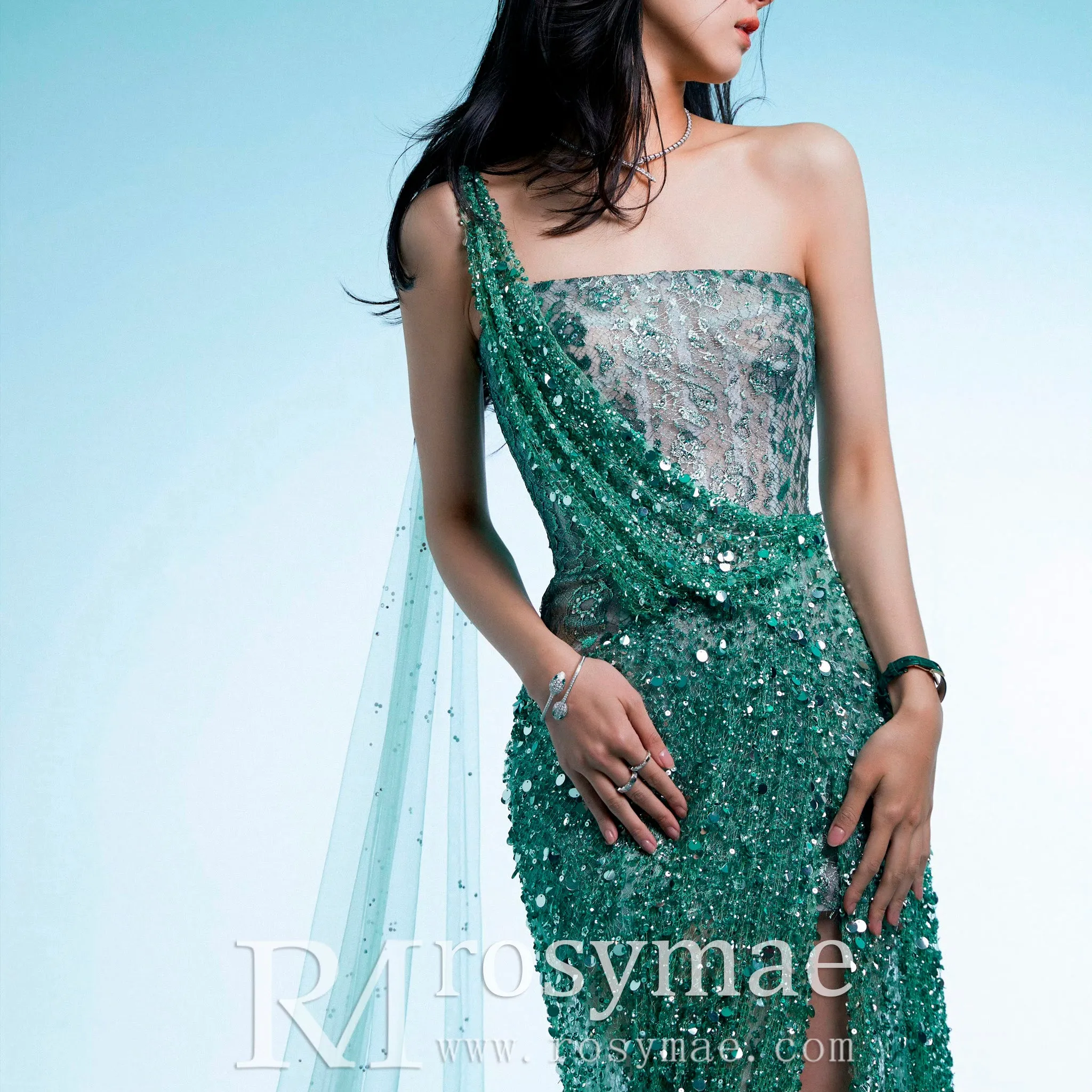 One Shoulder Hunter Green Sparkly Party Gown Evening Dress
