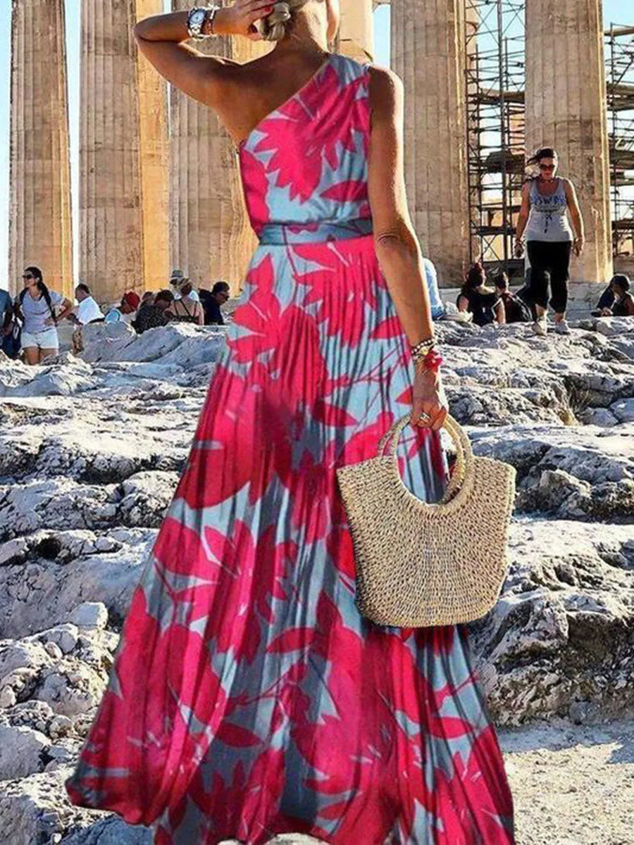 One-shoulder Leaf Print Maxi Dress