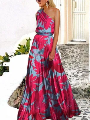 One-shoulder Leaf Print Maxi Dress