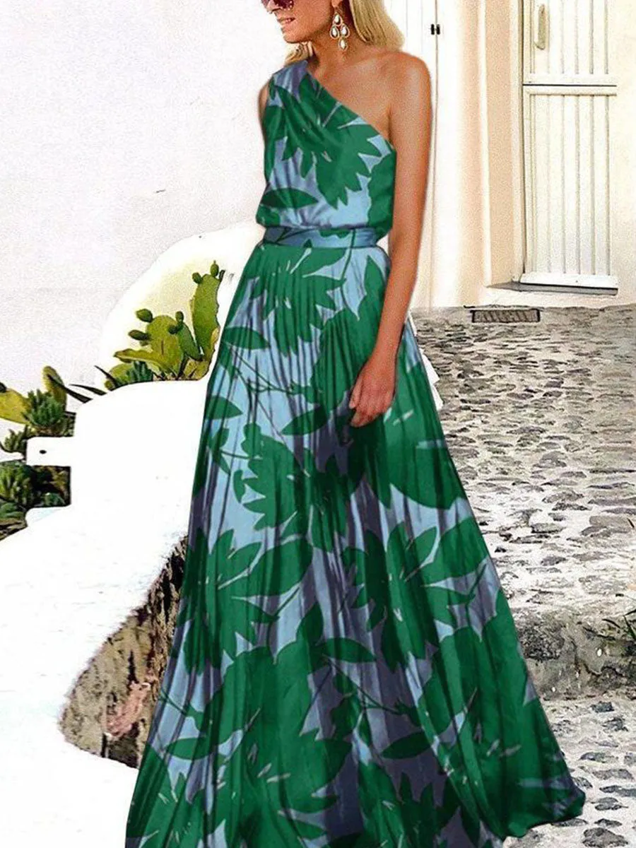 One-shoulder Leaf Print Maxi Dress