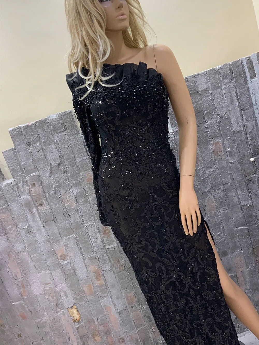 One Shoulder Long Sleeve Formal Maxi Bodycon Dress HT1118