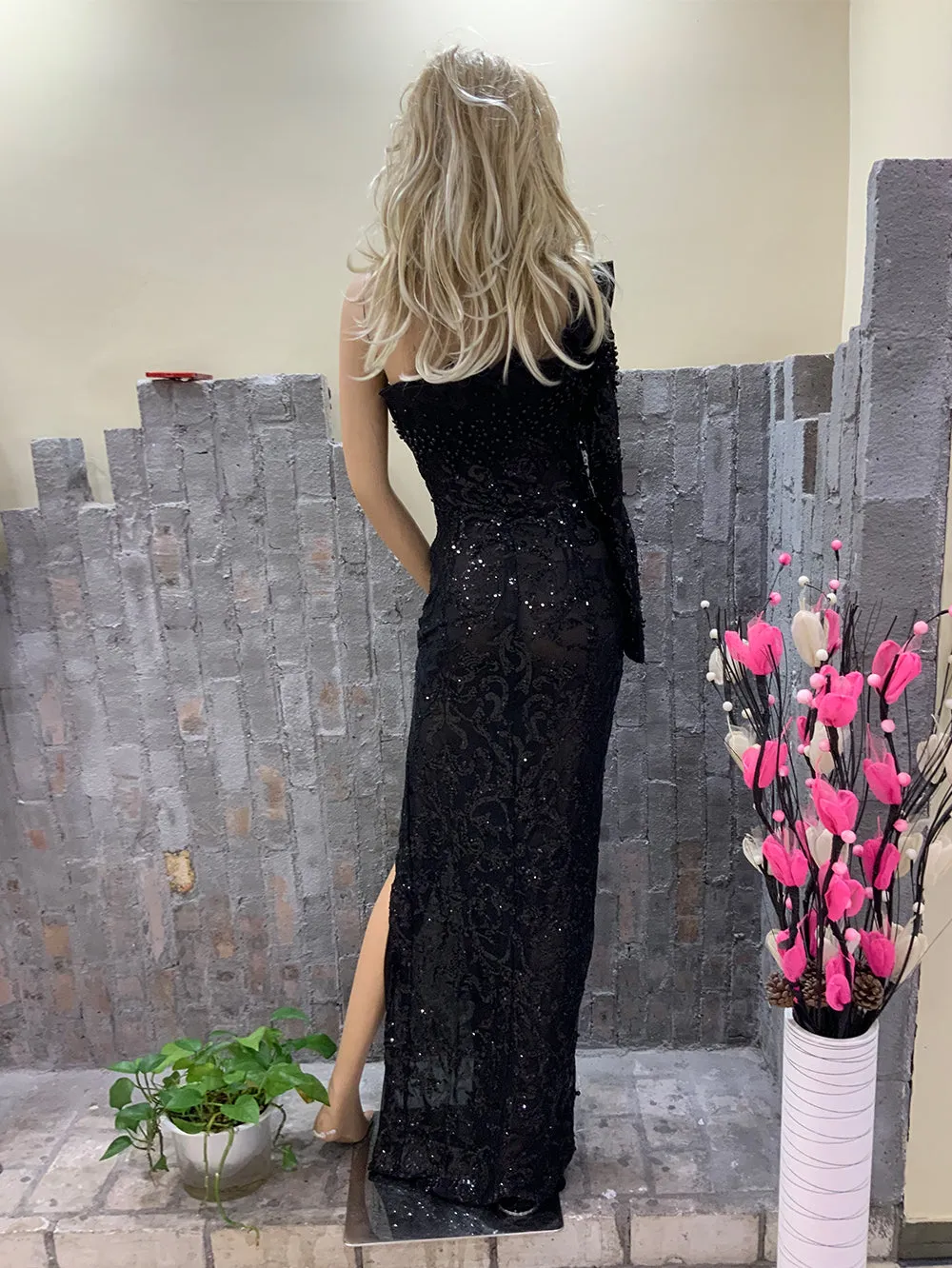 One Shoulder Long Sleeve Formal Maxi Bodycon Dress HT1118