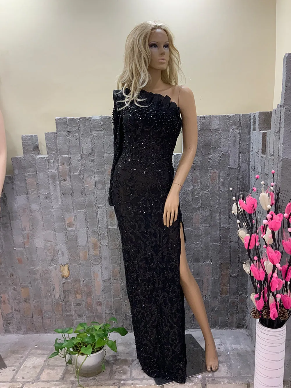 One Shoulder Long Sleeve Formal Maxi Bodycon Dress HT1118