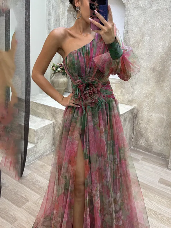 One-Shoulder Maxi Dress with Floral Print and Mesh Overlay
