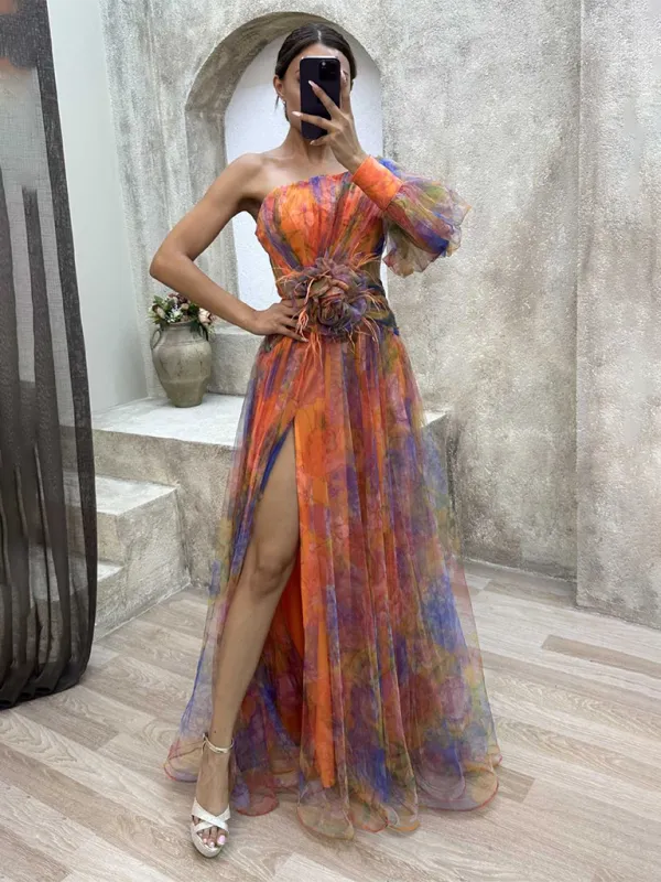 One-Shoulder Maxi Dress with Floral Print and Mesh Overlay