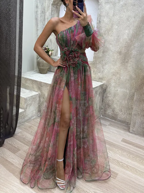 One-Shoulder Maxi Dress with Floral Print and Mesh Overlay