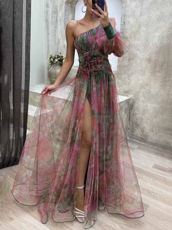 One-Shoulder Maxi Dress with Floral Print and Mesh Overlay