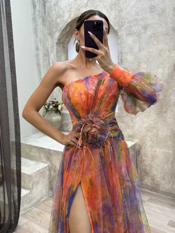 One-Shoulder Maxi Dress with Floral Print and Mesh Overlay