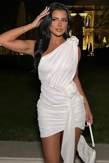 One-Shoulder Ruched Mini Dress with Flower Embellishments