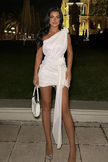 One-Shoulder Ruched Mini Dress with Flower Embellishments