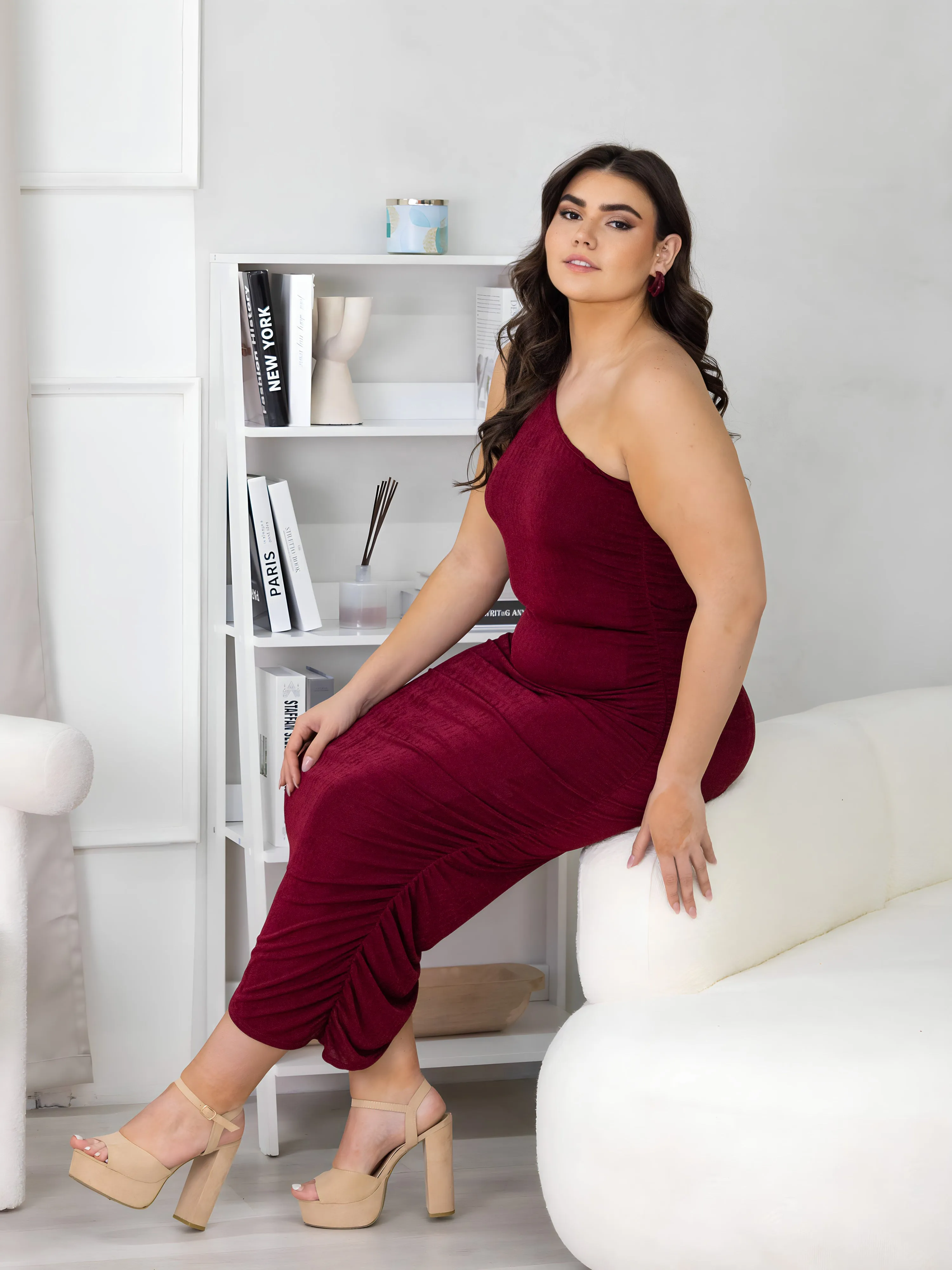 One Shoulder Ruched Plus Size Bodycon Dress