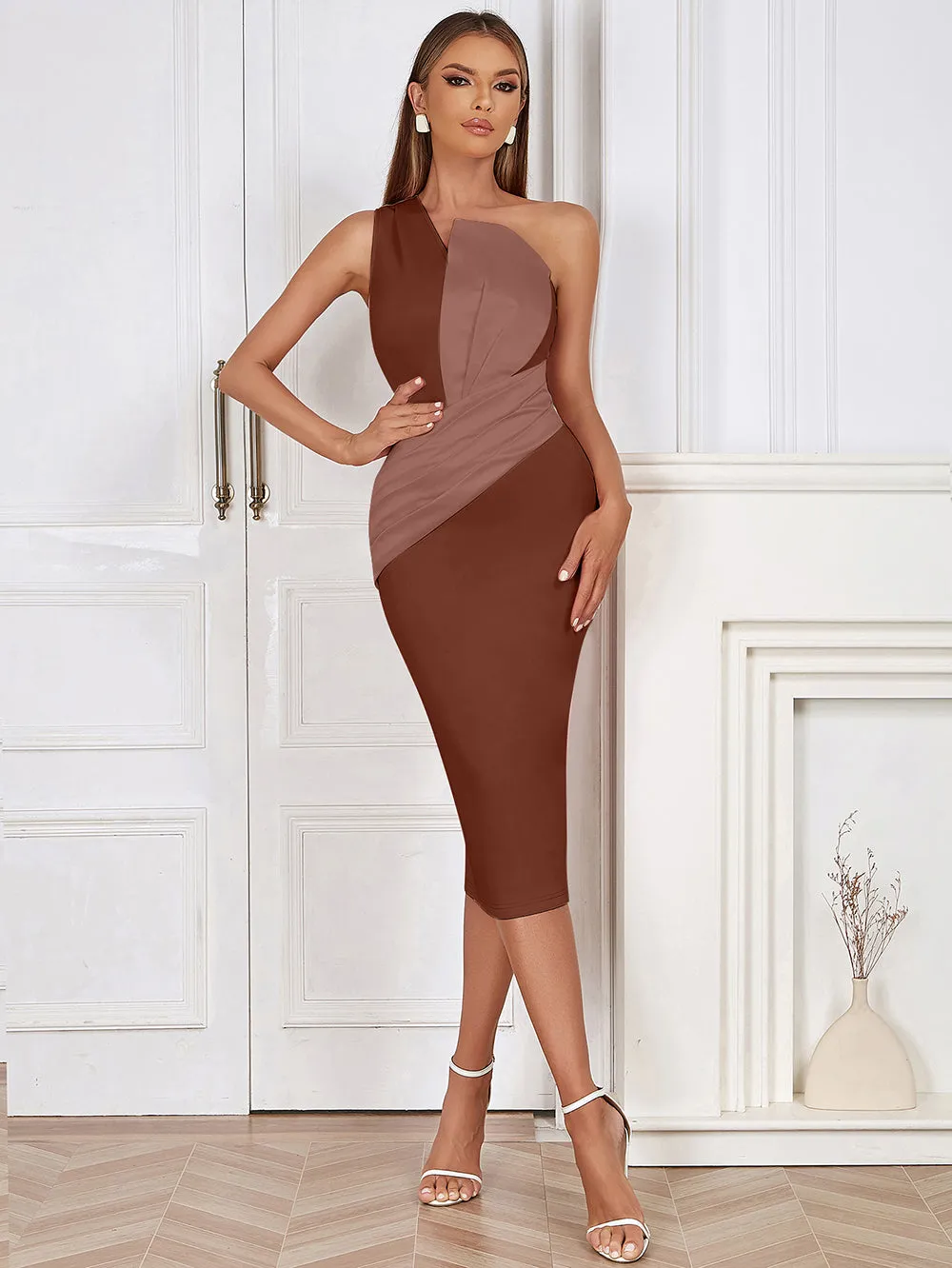One Shoulder Sleeveless Wrinkled Maxi Bodycon Dress HB0249