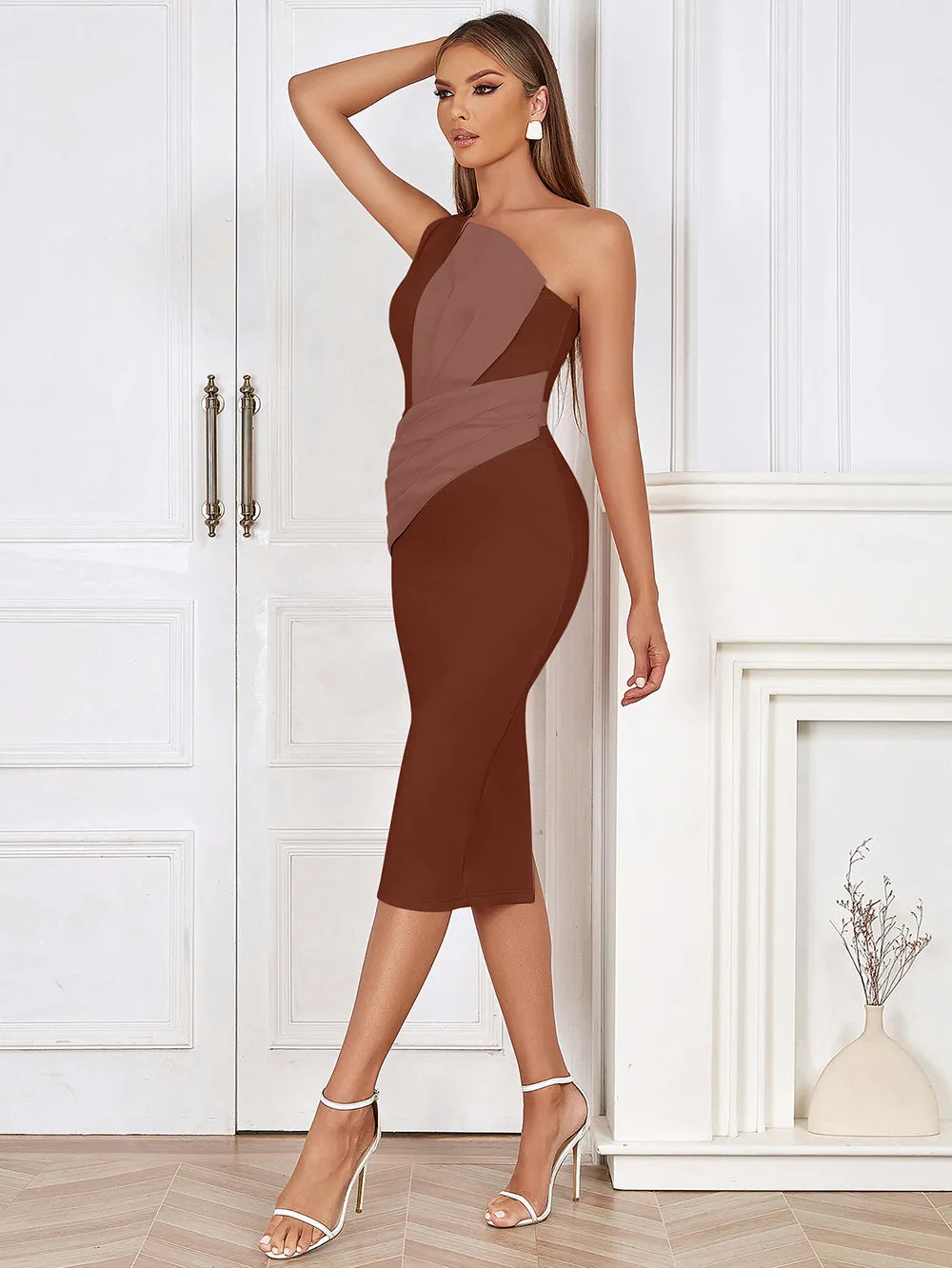 One Shoulder Sleeveless Wrinkled Maxi Bodycon Dress HB0249