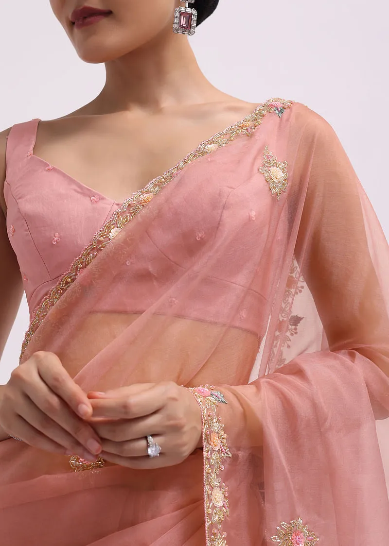 Onion Pink Organza Saree In Sequin