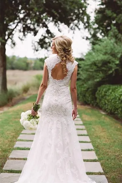 Open Back Cap Sleeves Lace Mermaid Long Wedding Bridal Dresses, WD291