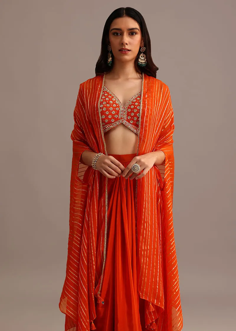 Orange Embroidered Croptop With Pleated Skirt And Chanderi Jacket