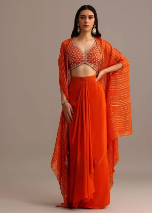 Orange Embroidered Croptop With Pleated Skirt And Chanderi Jacket