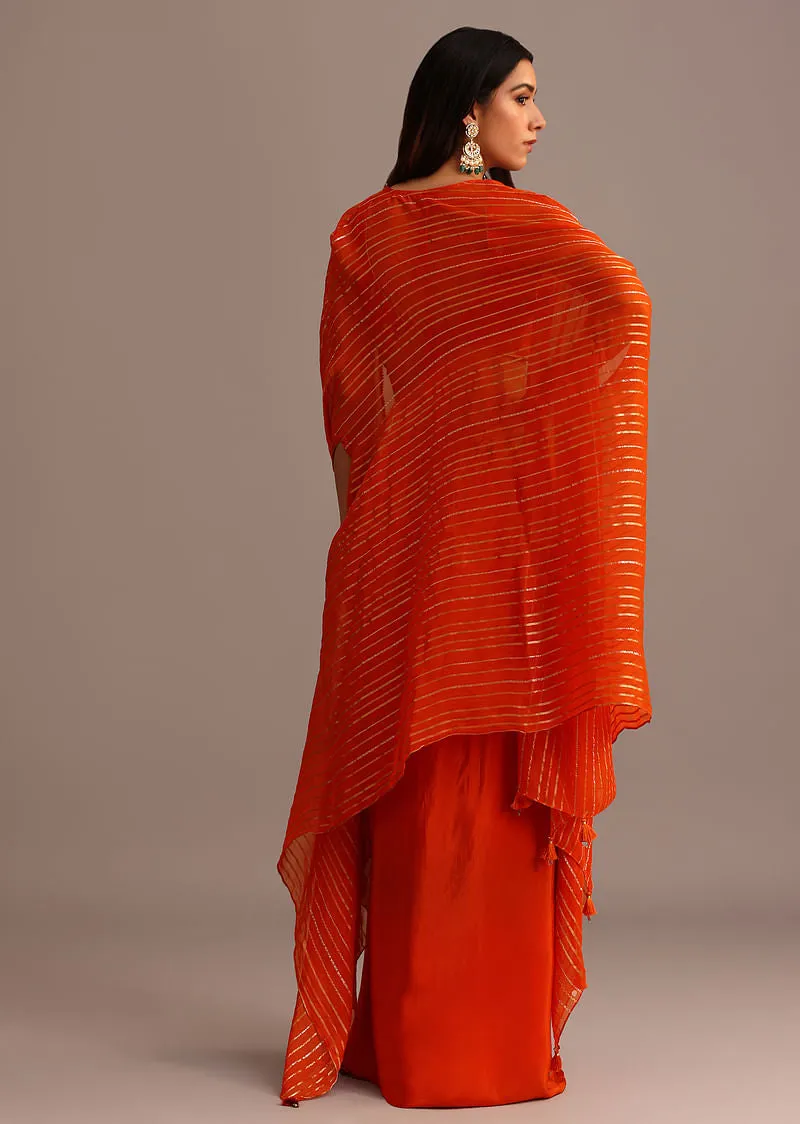 Orange Embroidered Croptop With Pleated Skirt And Chanderi Jacket