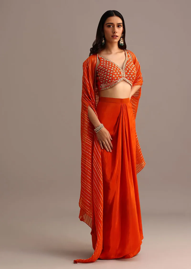Orange Embroidered Croptop With Pleated Skirt And Chanderi Jacket