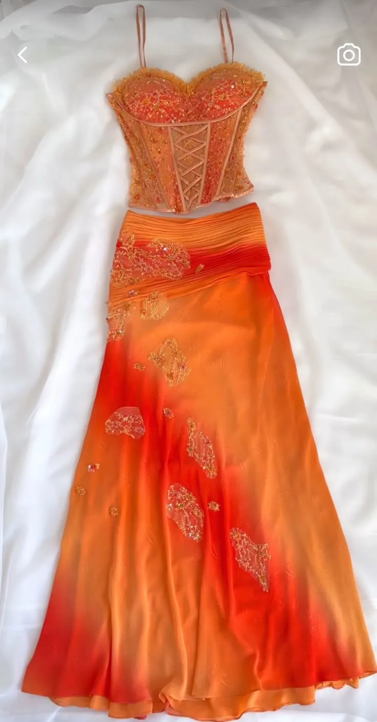 Orange Ombre Straps Two Pieces Sheath Chiffon Long Party Dresses, D870