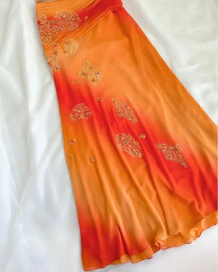 Orange Ombre Straps Two Pieces Sheath Chiffon Long Party Dresses, D870